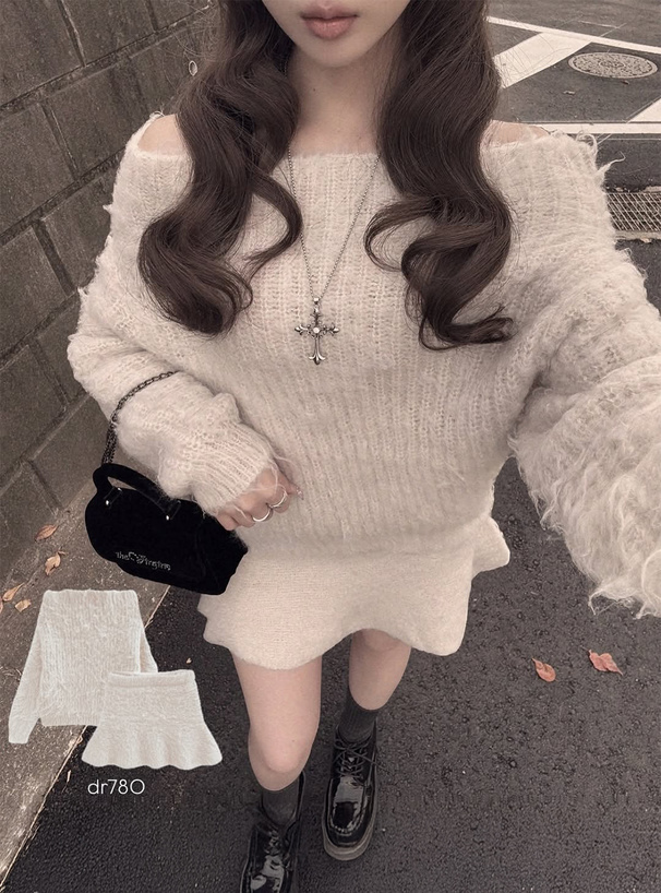 オフショルトップスxフレアミニスカートニットセットアップ[dr780