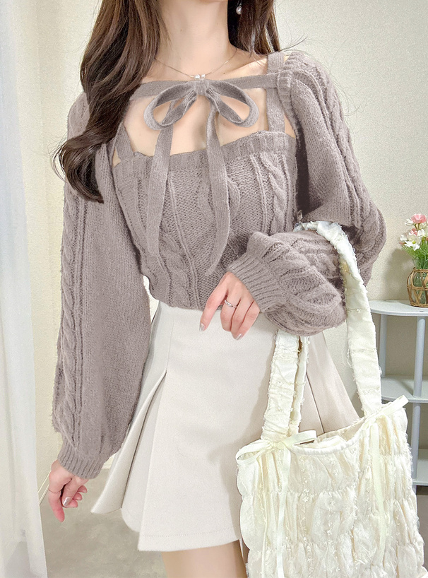 リボンボレロ×キャミソールケーブル編みニットアンサンブル[dr834