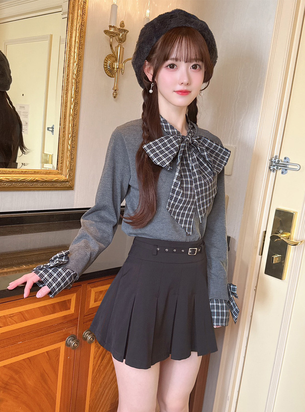 チェック柄ボウタイ袖リボンニットトップス[fs29c] | レディース