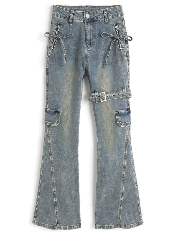 サイドベルトリボンフレアデニムパンツ[ks131] | レディース