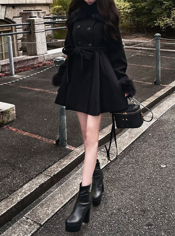 ファーティペット・リボンベルト付きフレアコート[kz699] | レディース