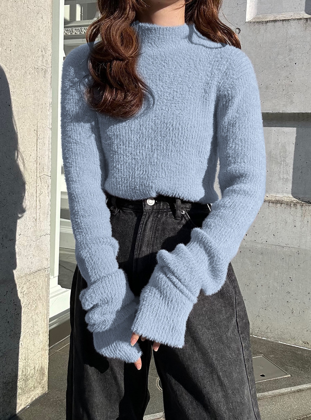 サムホール付きハイネックラメフェザーニットトップス[kz391