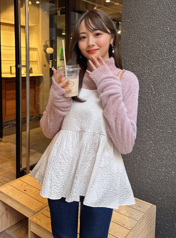 サムホール付きハイネックラメフェザーニットトップス[kz391