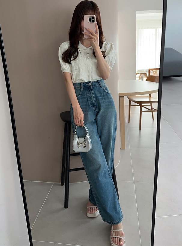 ロゴ刺繍ケーブル編みポロニットトップス[k9362e] | レディース