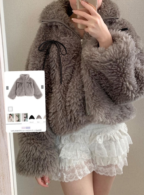 リボン付きボアショート丈ジャケット[on329] | レディースファッション