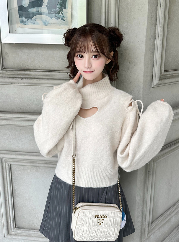 ハートカットアウトショルダーリボンニットトップス[mb1615