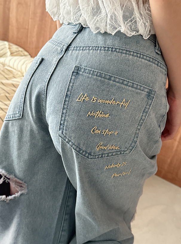 バック刺繍スラッシュデニムパンツ[nh147] | レディースファッション