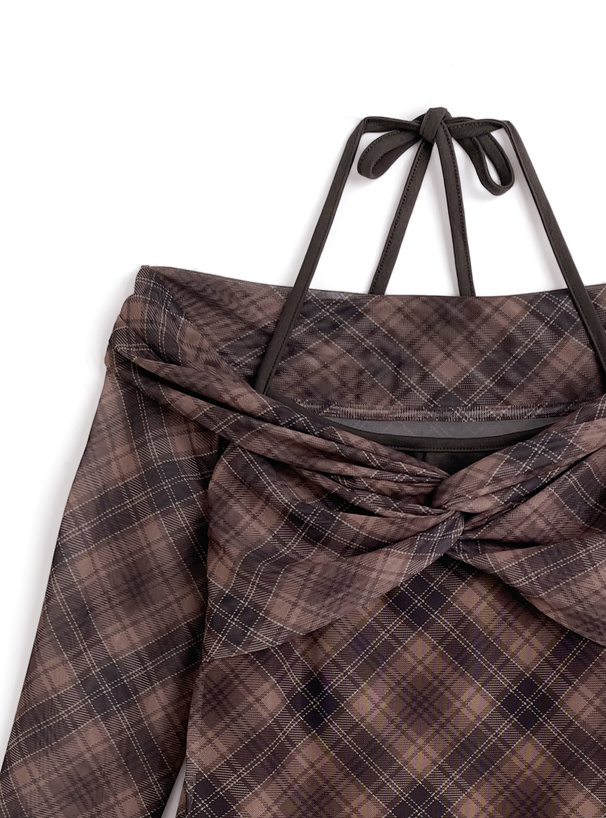 ホルターネックチェック柄シアーオフショルダートップス[sd154