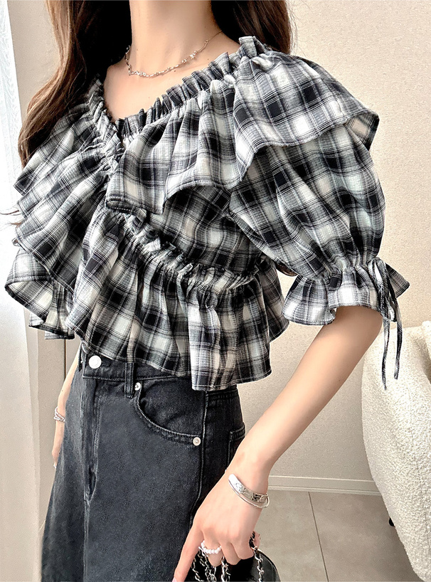2Wayチェック柄クロスフリルブラウス[pm714a] | レディース