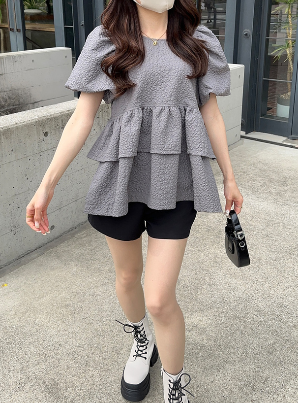 花柄エンボスバルーンスリーブペプラムトップス[pa006] | レディース