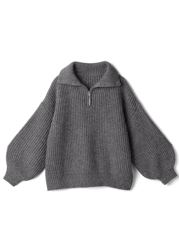 ビッグカラージップボリュームスリーブニットトップス[rut794