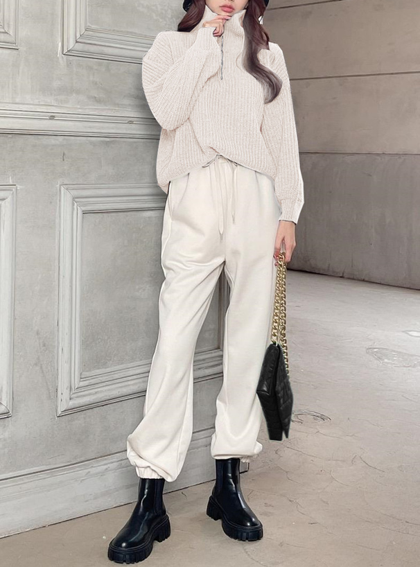 ビッグカラージップボリュームスリーブニットトップス[rut794