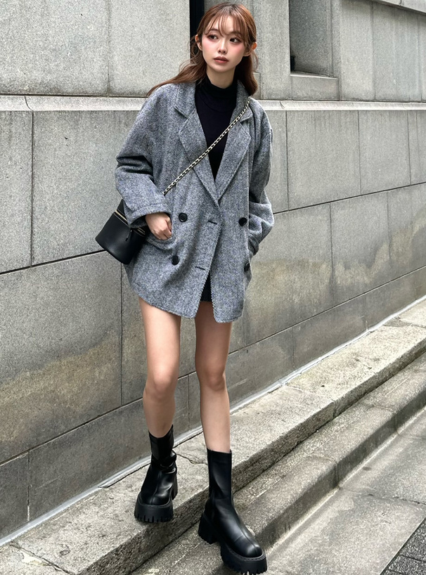 ヘリンボーンダブルジャケット×ショートパンツセットアップ[ta191