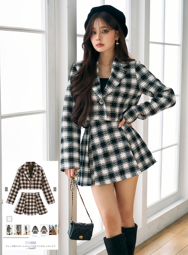 チェック柄ジャケット×インパン付きミニスカートセットアップ[ta307