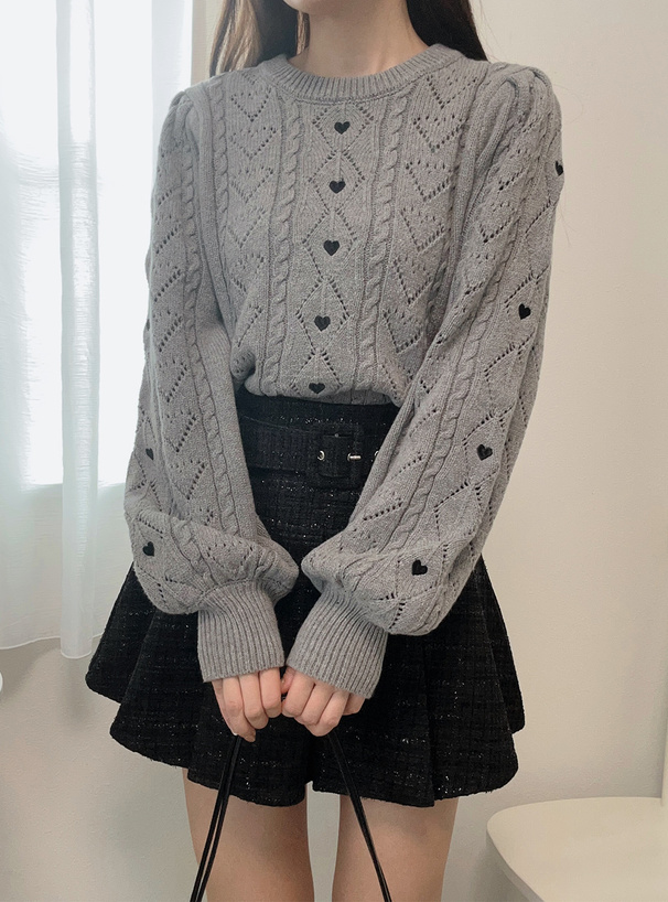 ハート刺繍ケーブル編みニットトップス[tu1258] | レディース