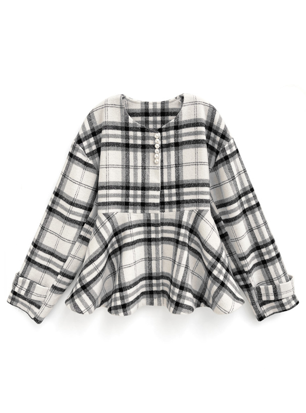 チェック柄パールペプラムショート丈ジャケット[tu1450] | レディース