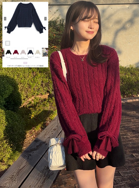 リボンケーブル編みショート丈ニットトップス[lt64] | レディース