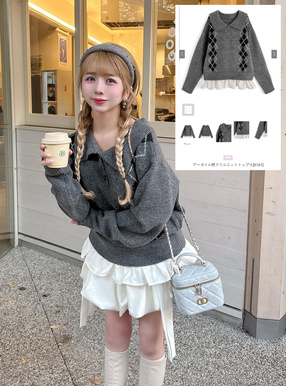 アーガイル柄フリルニットトップス[lt161] | レディースファッション