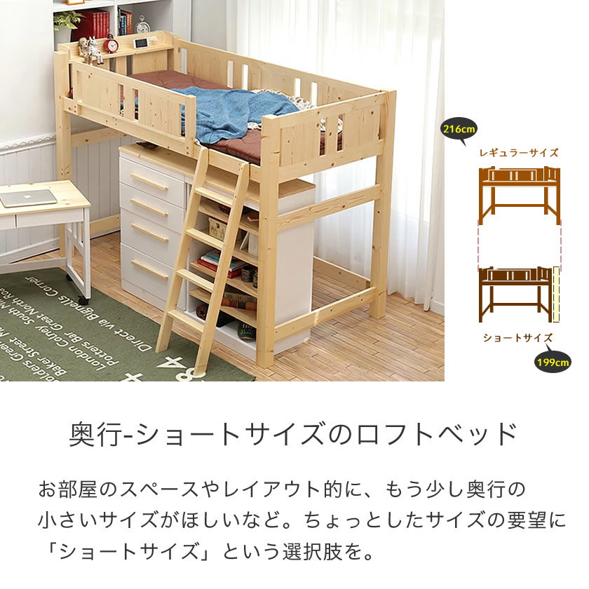 木製ロフトベッド ショートサイズ 北欧パイン材 コンセント2口付