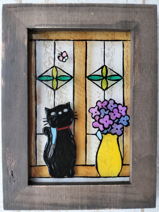 送料無料*ステンドグラス風*猫とステンドグラスの窓・ハンドメイド