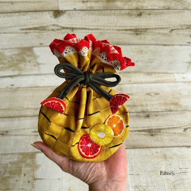 フレッシュフルーツバスケットの巾着ポーチ 小物入れ コットン レース