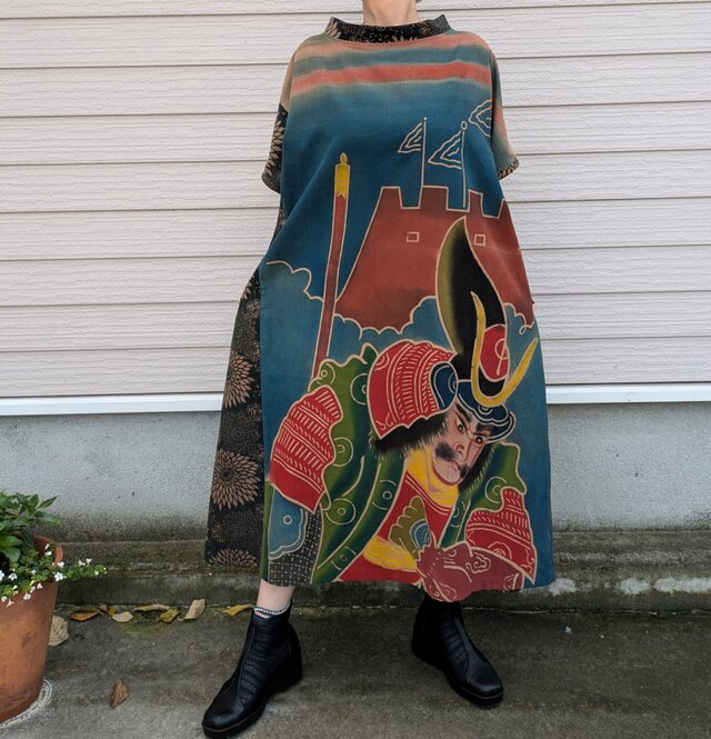 古布リメイク 幟旗の柿渋染ロールカラーBigワンピース 2way 古布 着物