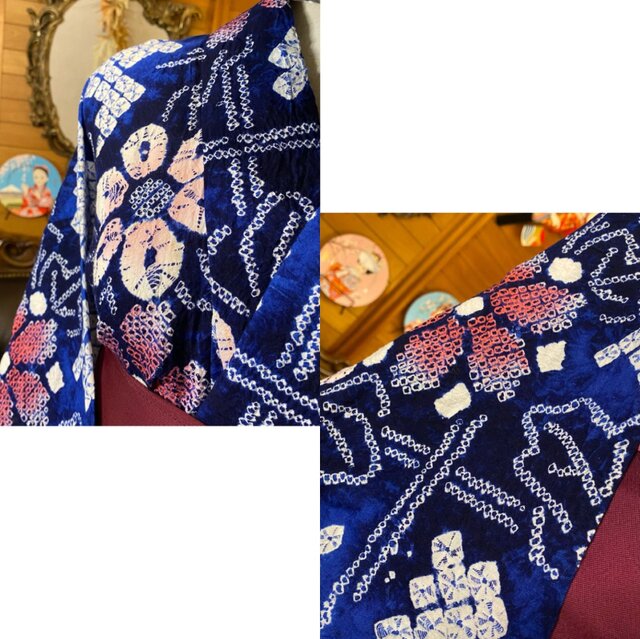 和洋折衷 絞り浴衣 リメイク ワンピース ドレス 帯サッシュベルト 素敵