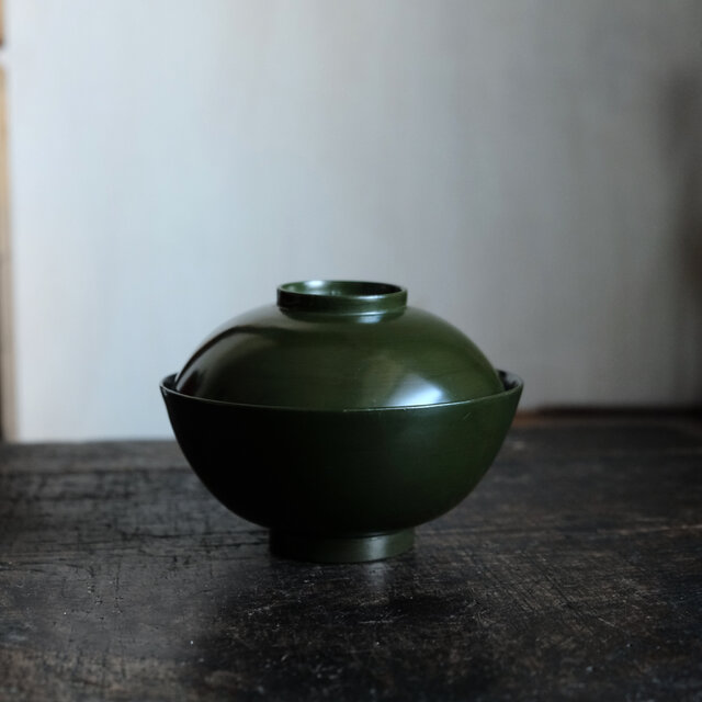 緑で素敵◇芒の文様。古輪島塗 芒文蒔絵漆芸蓋付碗 漆器 骨董