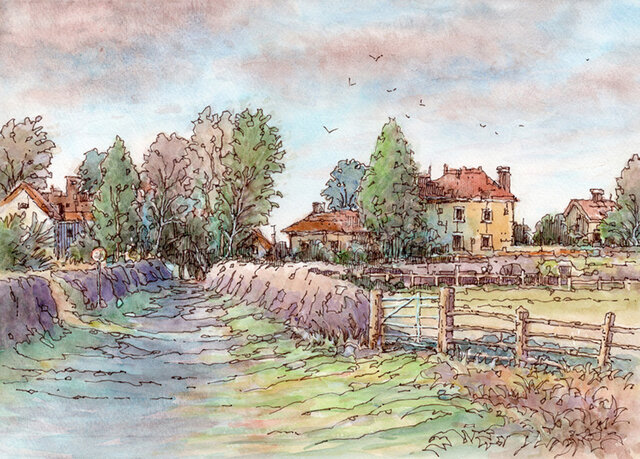 水彩画原画 ひつじ牧場のある村 ＃676 | iichi 日々の暮らしを心地よく