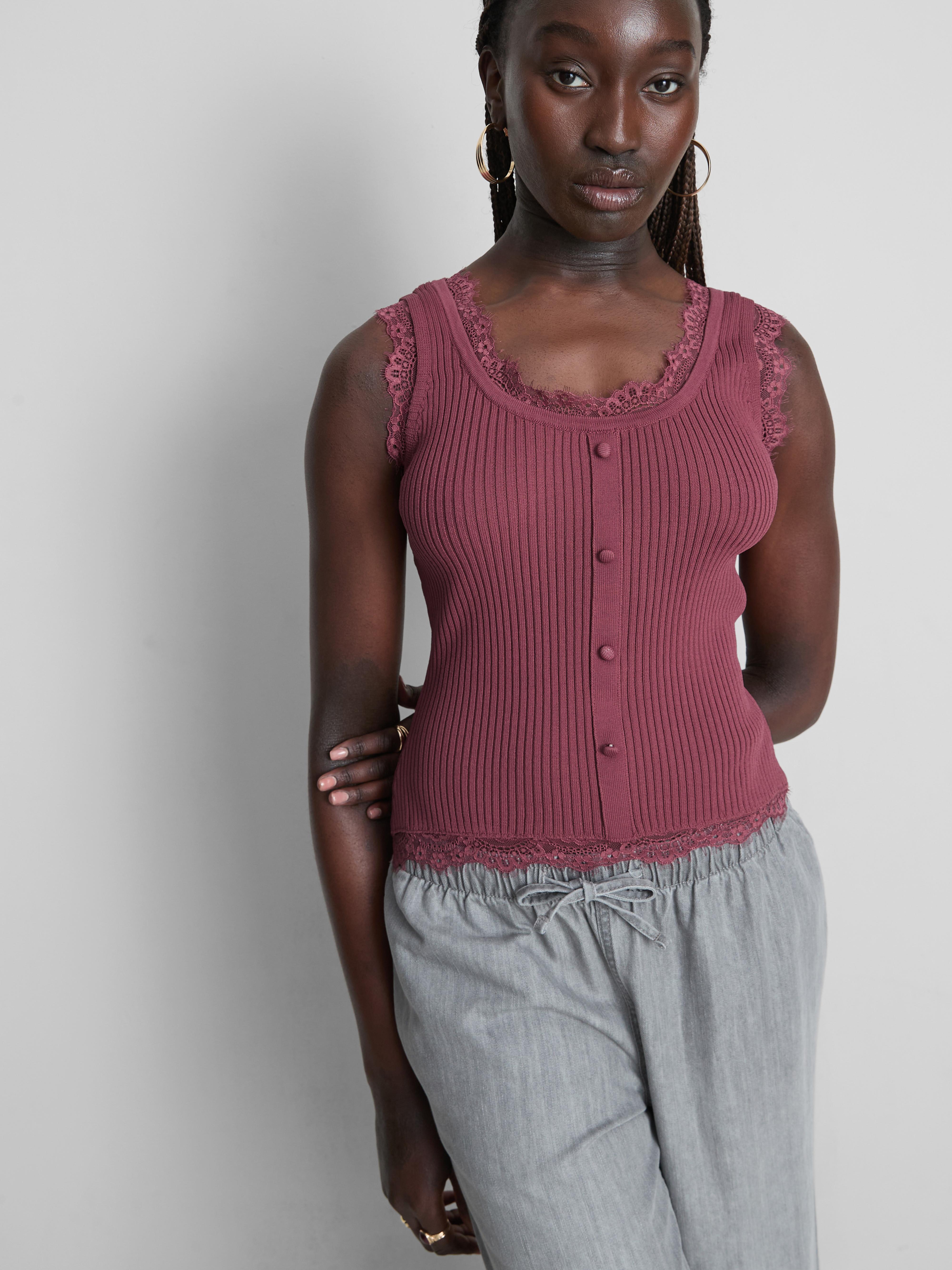 Womens Maroon Lace Trim Ribbed Tank Top | Primark