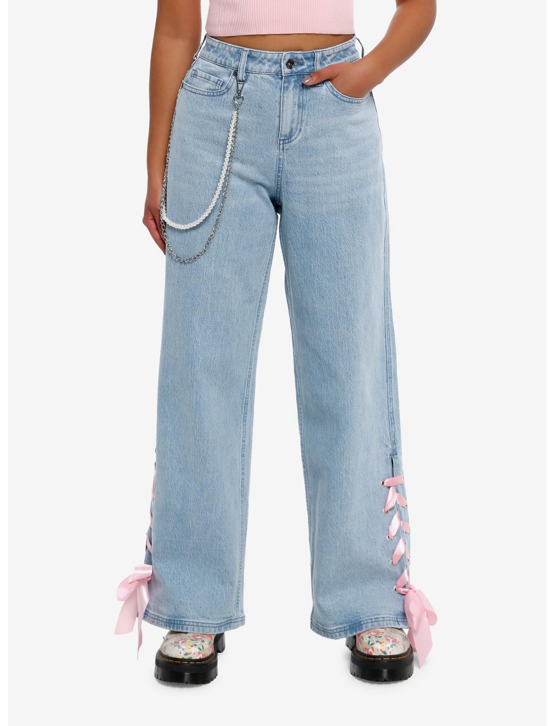 Sweet Society Pink Ribbon Heart Wide Leg Jeans | Hot Topic