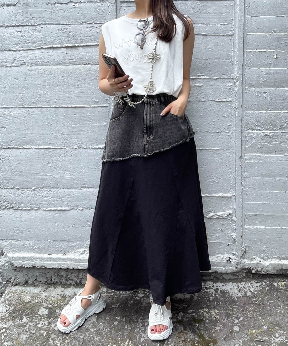 デニム切り替えスウェットリメイクスカート《洗濯機で洗える
