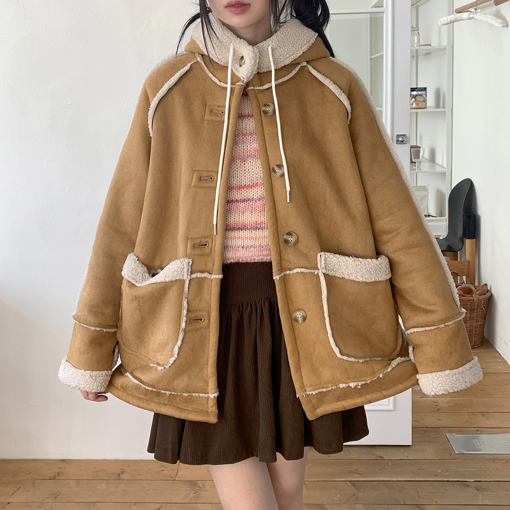 スエードオーバーサイズフード付きムートンコート | ファッション通販