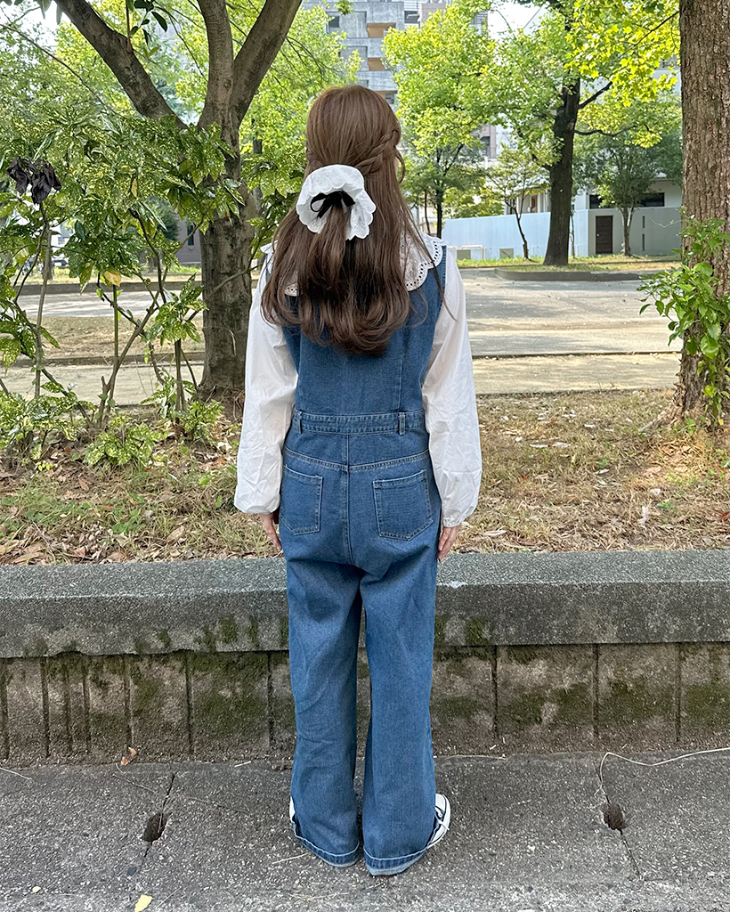 Vネックスリーブレスボタンデニムジャンプスーツ | ファッション通販