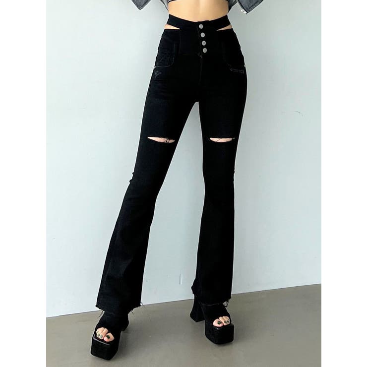 サイドオープンハイウエストフレアジーンズ[品番：MKSW0057772]｜EMODA