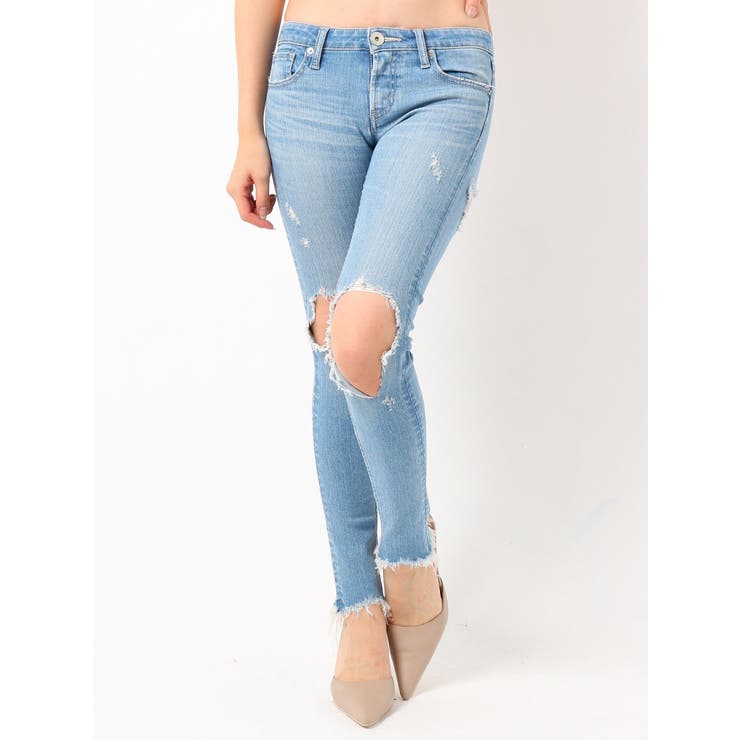 SQUARE BACK RIPPED KNEEダメージスキニーデニムパンツ[品番