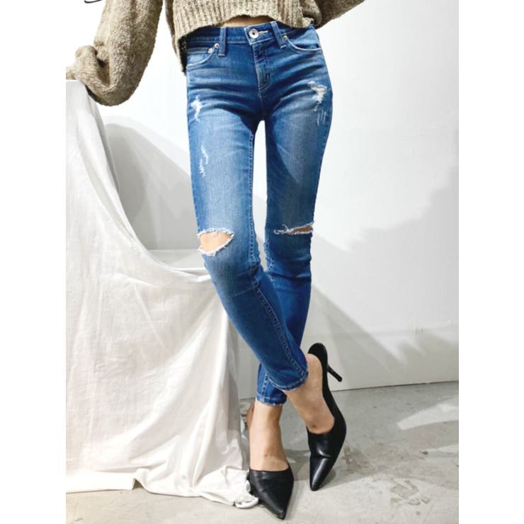 SIDE KNEE RIPPED スリットスキニーデニムパンツ[品番：MKSW0030899