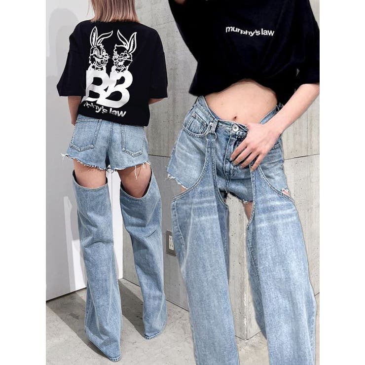 ハイウエストレイヤードデザイン2WAYデニムパンツ[品番：MKSW0059085