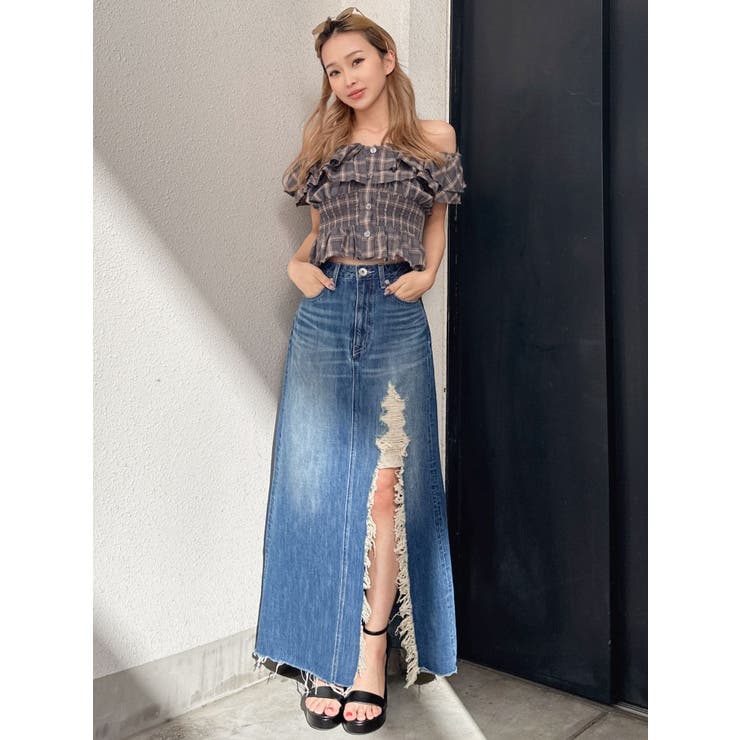 ダメージスリット ロングスカートライク デニムショートパンツ[品番