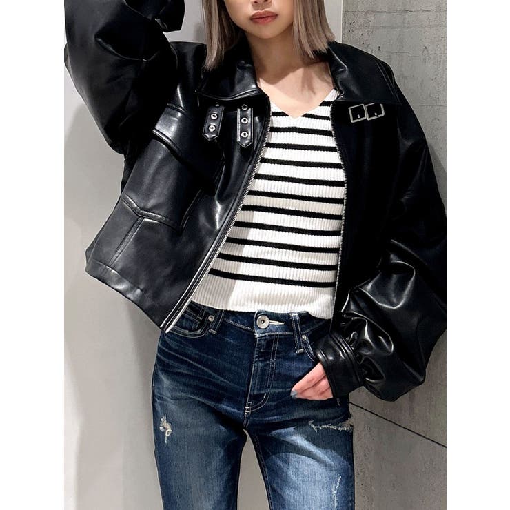 Symmetry GYDAフェイクレザースタンドカラーショートジャケット[品番