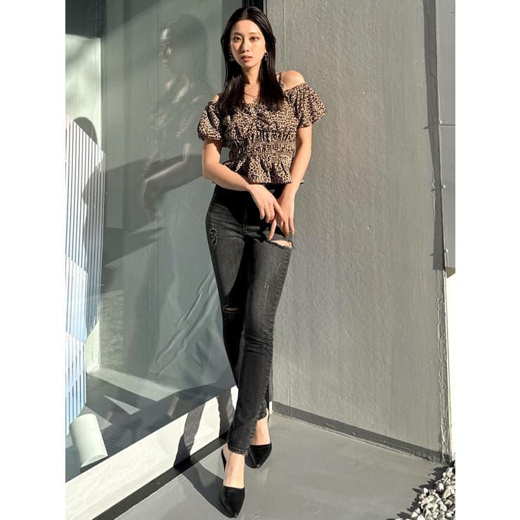 ミドルウエストSIDE RIPPEDスキニーデニムパンツ[品番：MKSW0059728