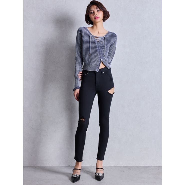 ミドルウエストSIDE RIPPEDカラースキニーパンツ[品番：MKSW0065732