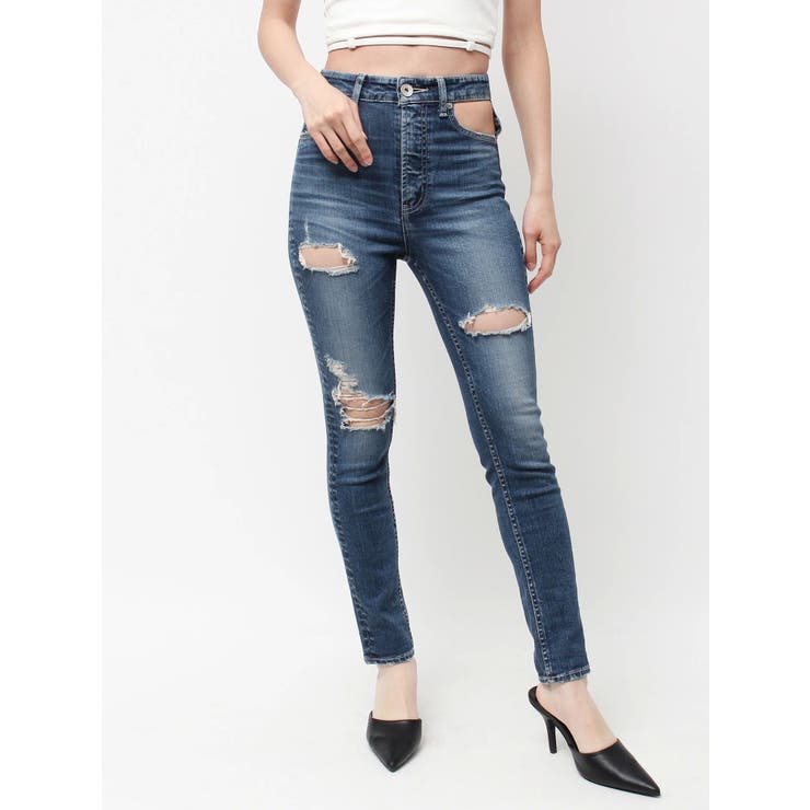 ハイウエストcut out poketダメージスキニーデニムパンツ[品番