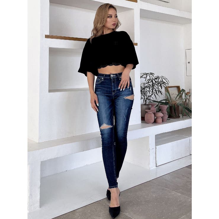 ミドルウエストSIDE RIPPEDスキニーデニムパンツ[品番：MKSW0062199