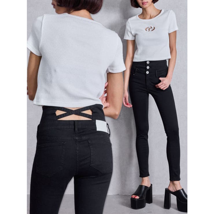 ハイウエストウエストクロススキニーデニムパンツ[品番：MKSW0062668