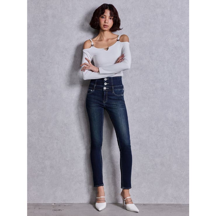 ハイウエストウエストクロススキニーデニムパンツ[品番：MKSW0068676