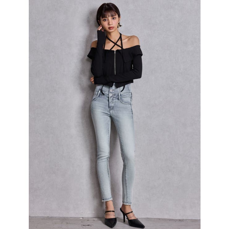 ハイウエストウエストクロススキニーデニムパンツ[品番：MKSW0068676