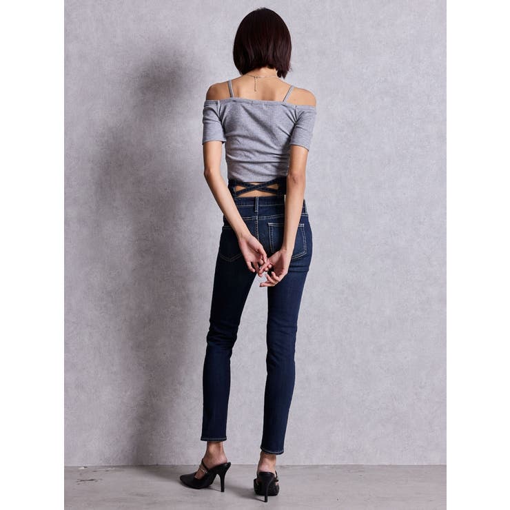 ハイウエストバッククロスダメージスキニーデニムパンツ[品番