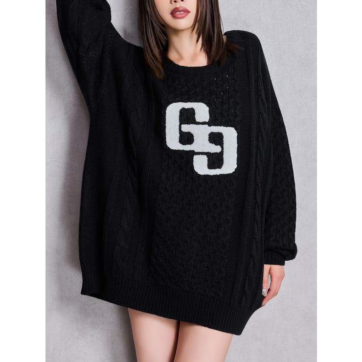 GGサガラ刺繍ケーブルニットトップス[品番：MKSW0068679]｜GYDA