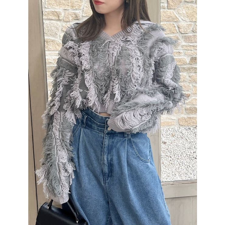 バイカラージャガードフリンジニット[品番：MKSW0056040]｜dazzlin